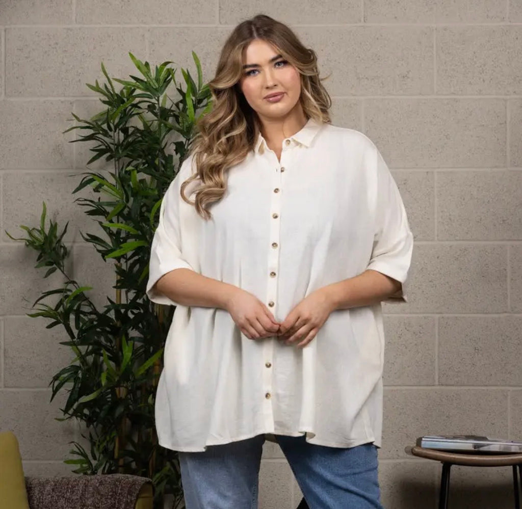 Plus-Size Cream Button-Down Relaxed Shirt New Boutique