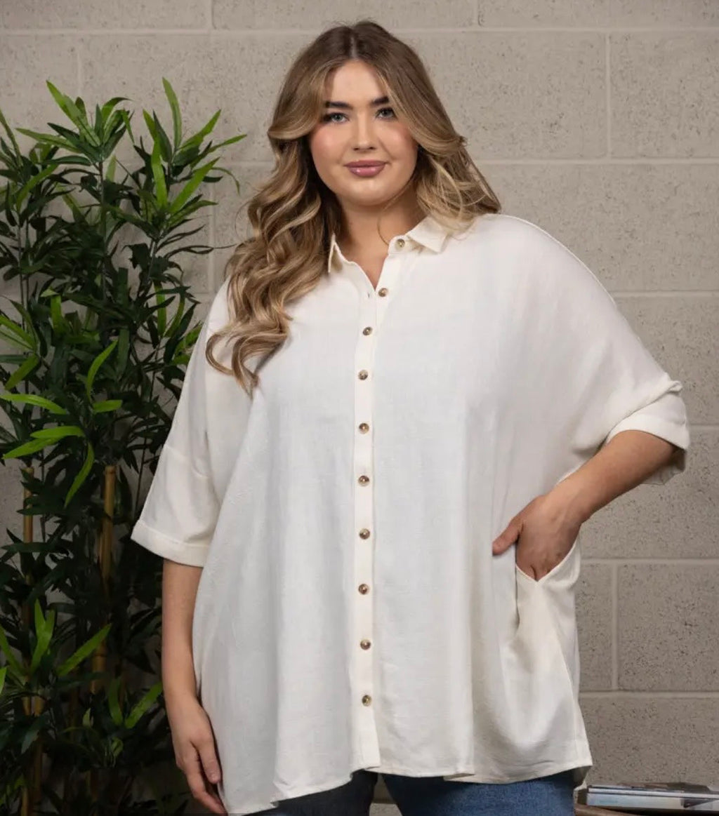 Plus-Size Cream Button-Down Relaxed Shirt New Boutique
