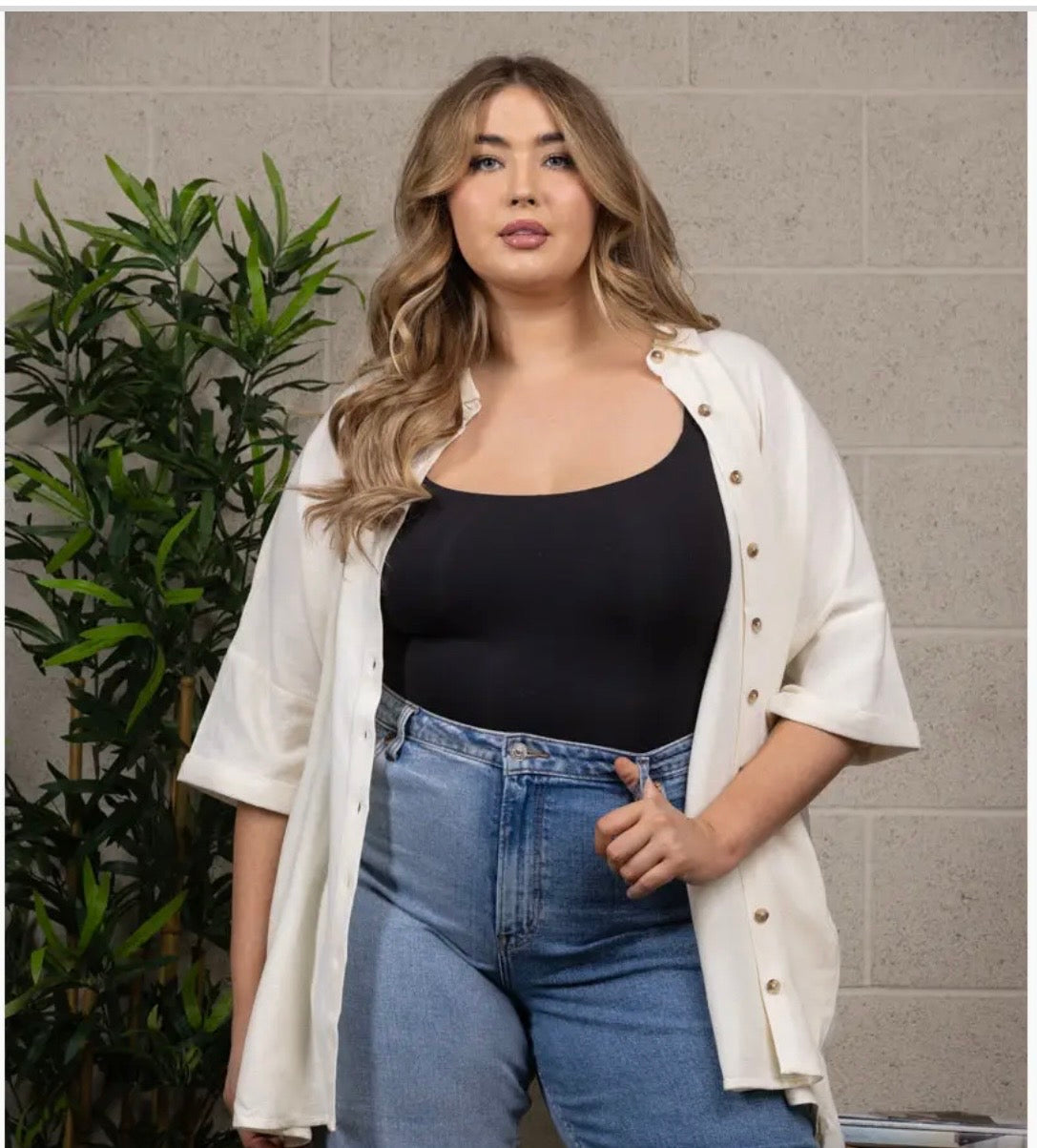 Plus-Size Cream Button-Down Relaxed Shirt New Boutique