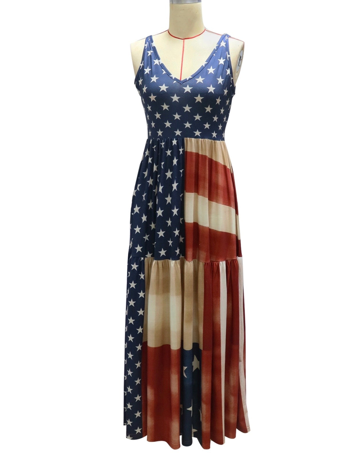 Sleeveless Star & Stripe Maxi Dress in Blue, Red & Cream