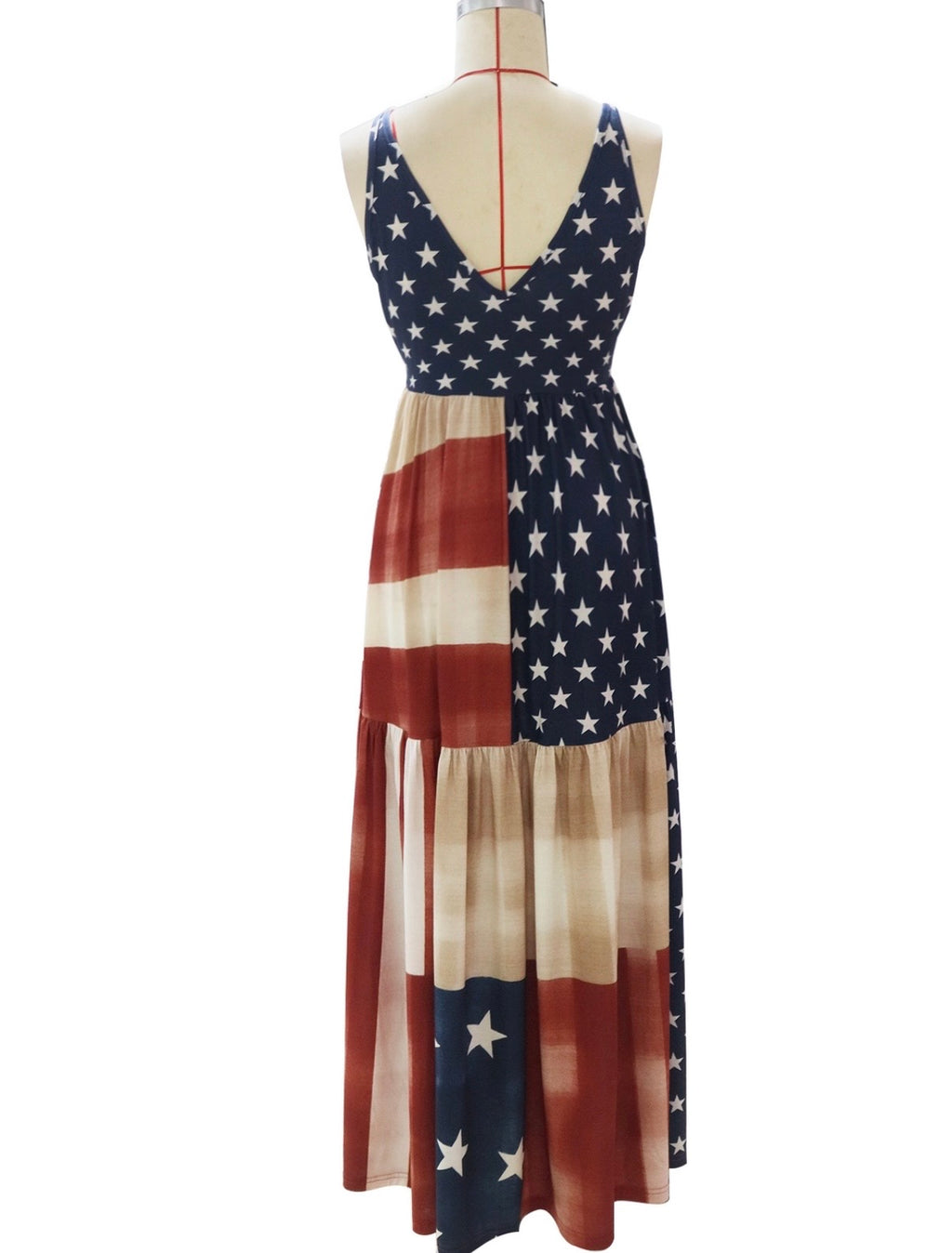 Sleeveless Star & Stripe Maxi Dress in Blue, Red & Cream