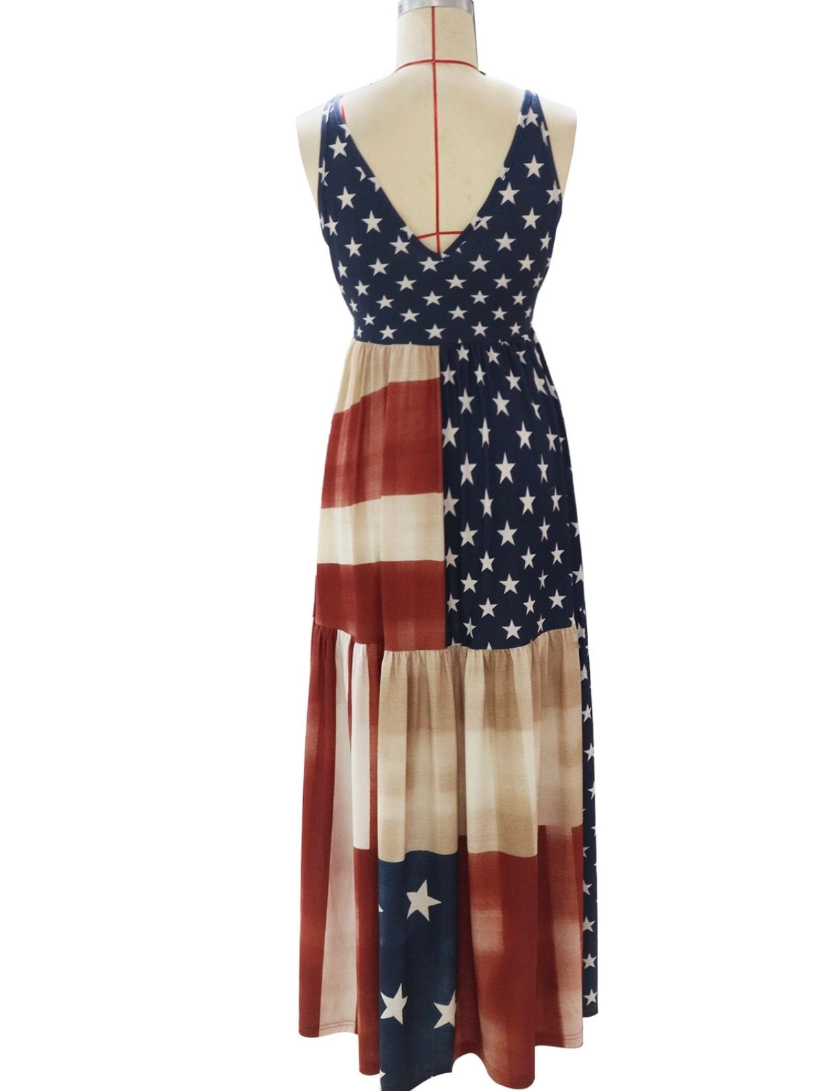 Sleeveless Star & Stripe Maxi Dress in Blue, Red & Cream