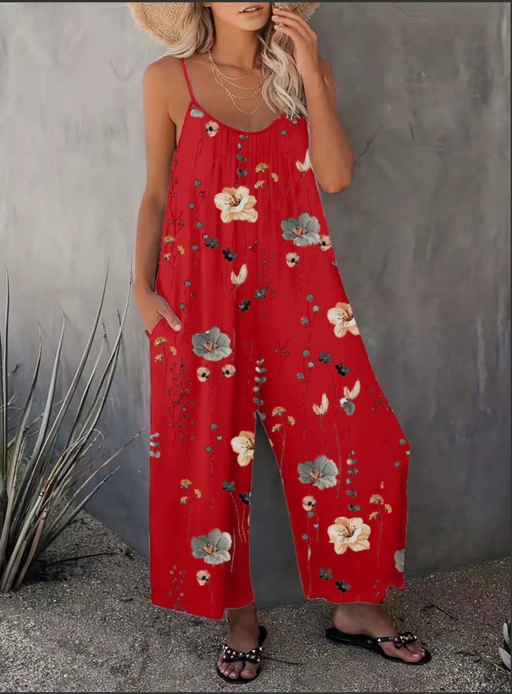 Casual Sleeveless Red Floral Print Jumpsuit