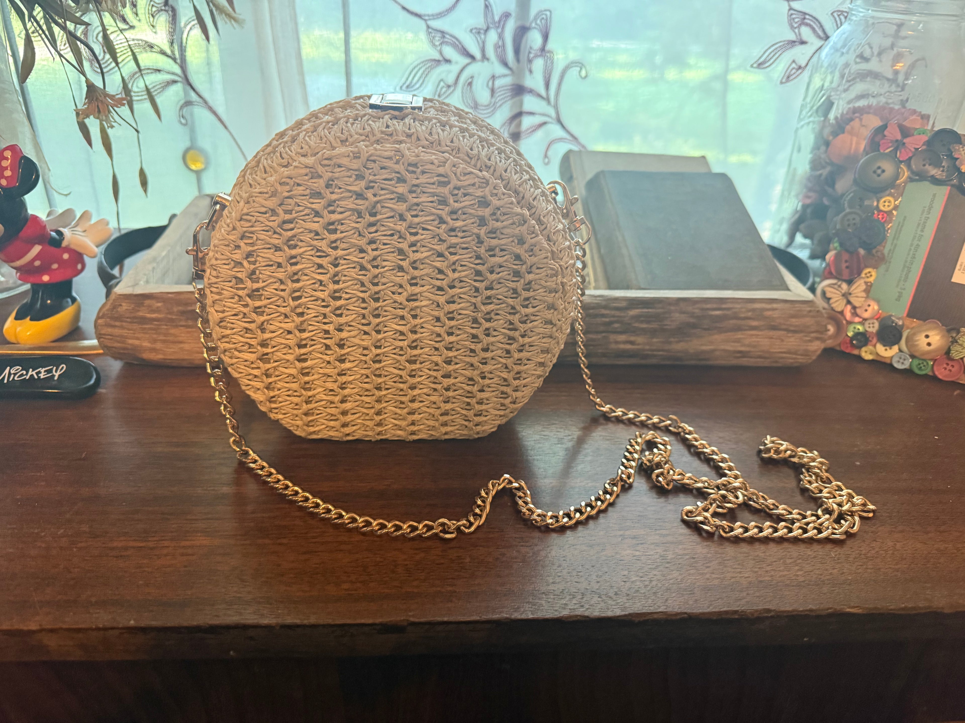 Round Woven Tan Bag with Gold Crossbody Chain