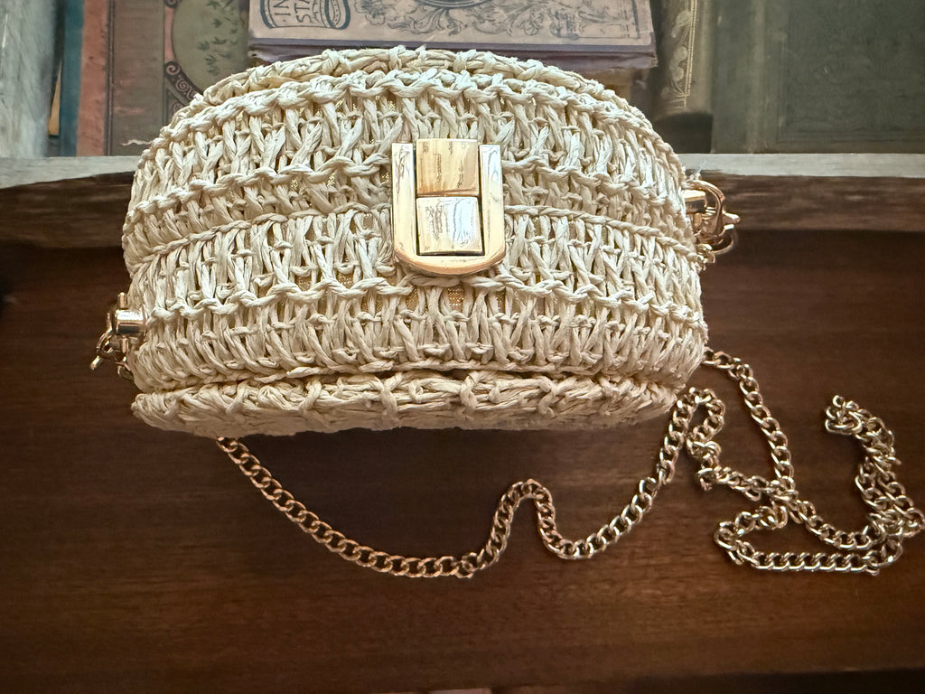 Round Woven Tan Bag with Gold Crossbody Chain