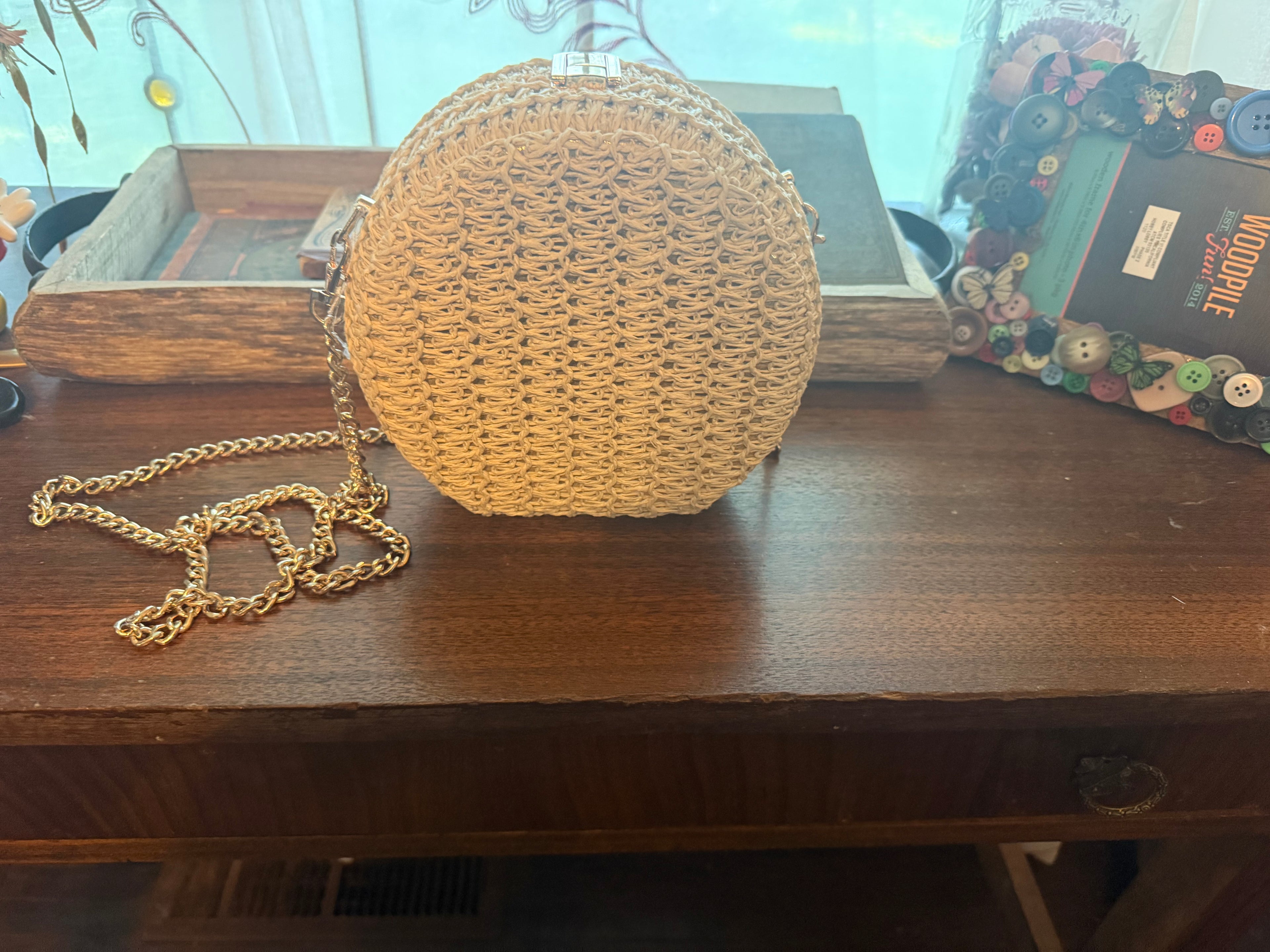 Round Woven Tan Bag with Gold Crossbody Chain
