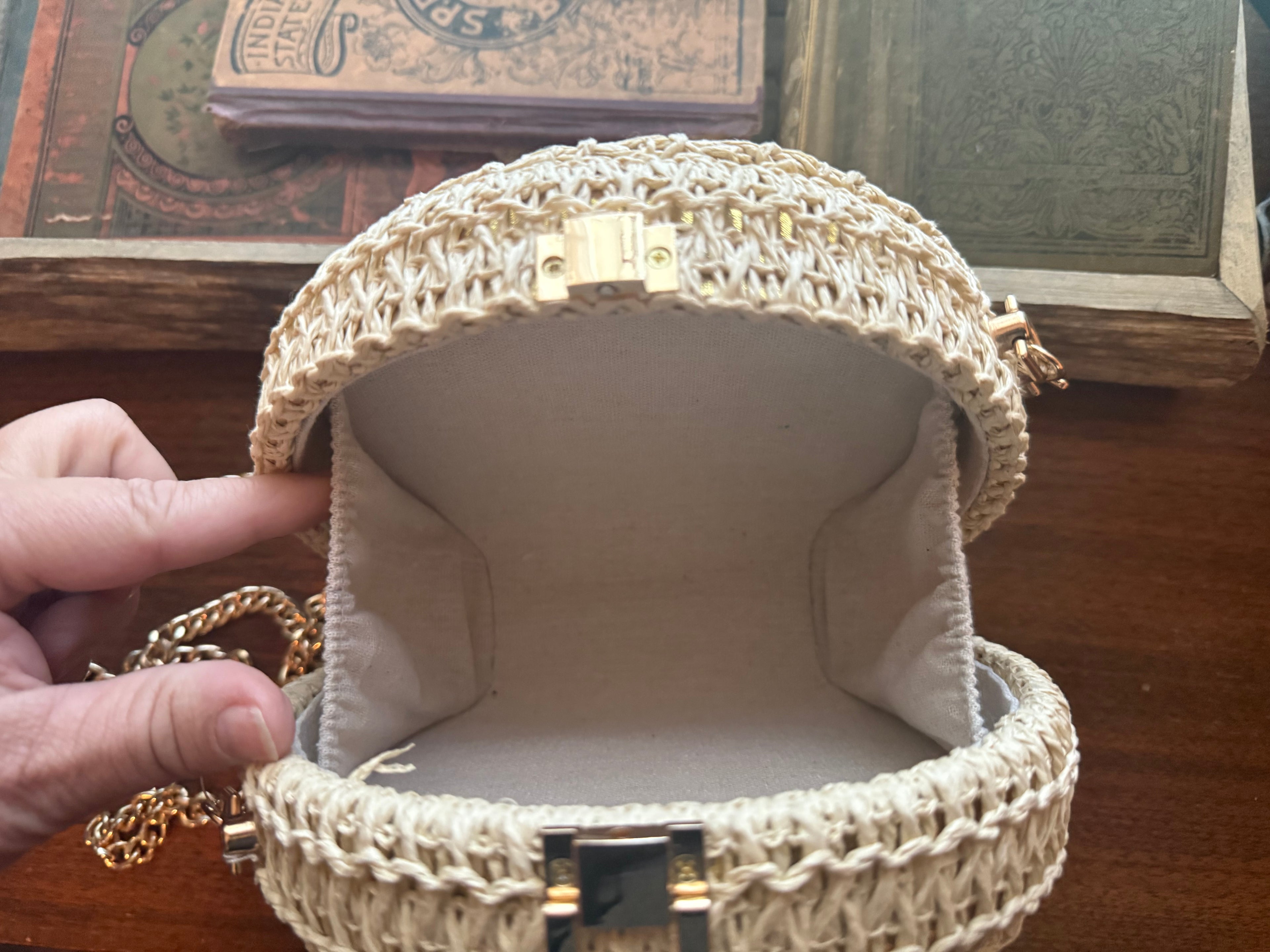Round Woven Tan Bag with Gold Crossbody Chain