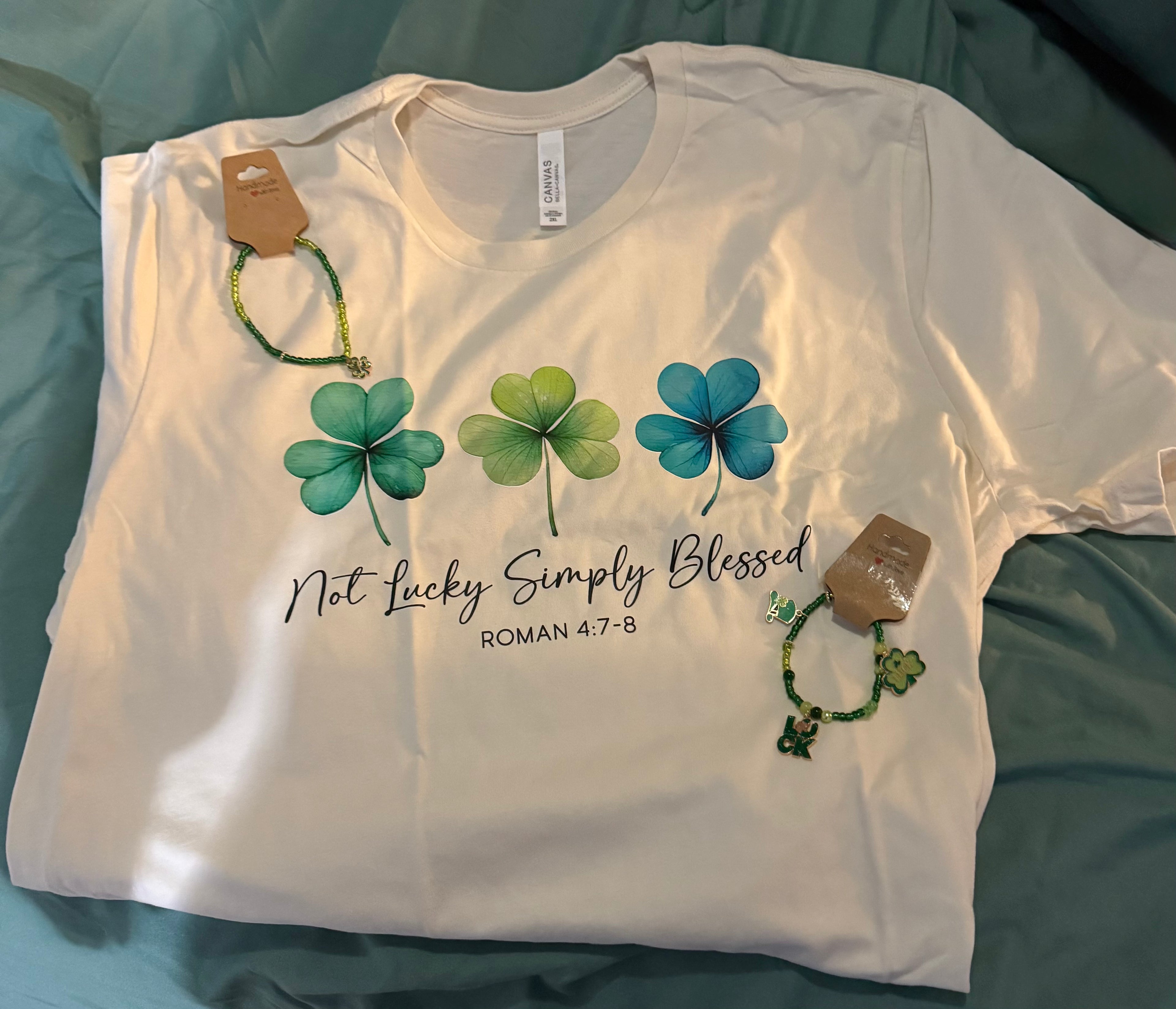 Bella- Canvas Cream T- Short Sleeve with Green & Blue Clovers