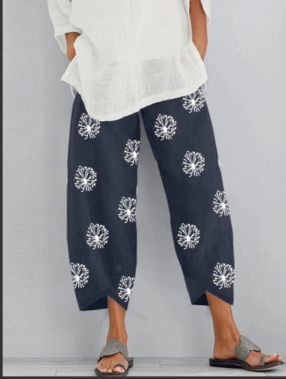 Navy - white floral print-Pants